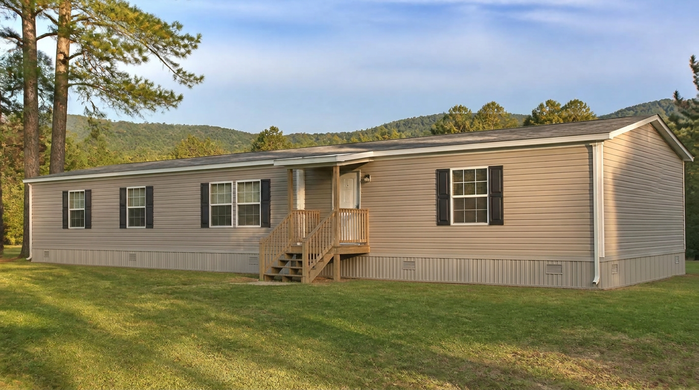 A double-wide manufactured home with tan siding and a covered entry on a grassy North Carolina lot with wooded hills behind it.