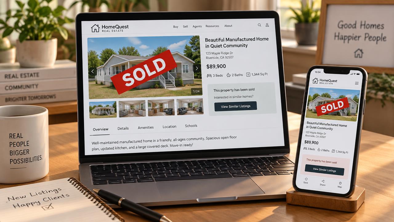 A laptop and phone showing a real estate listing website with a SOLD banner across a manufactured home listing
