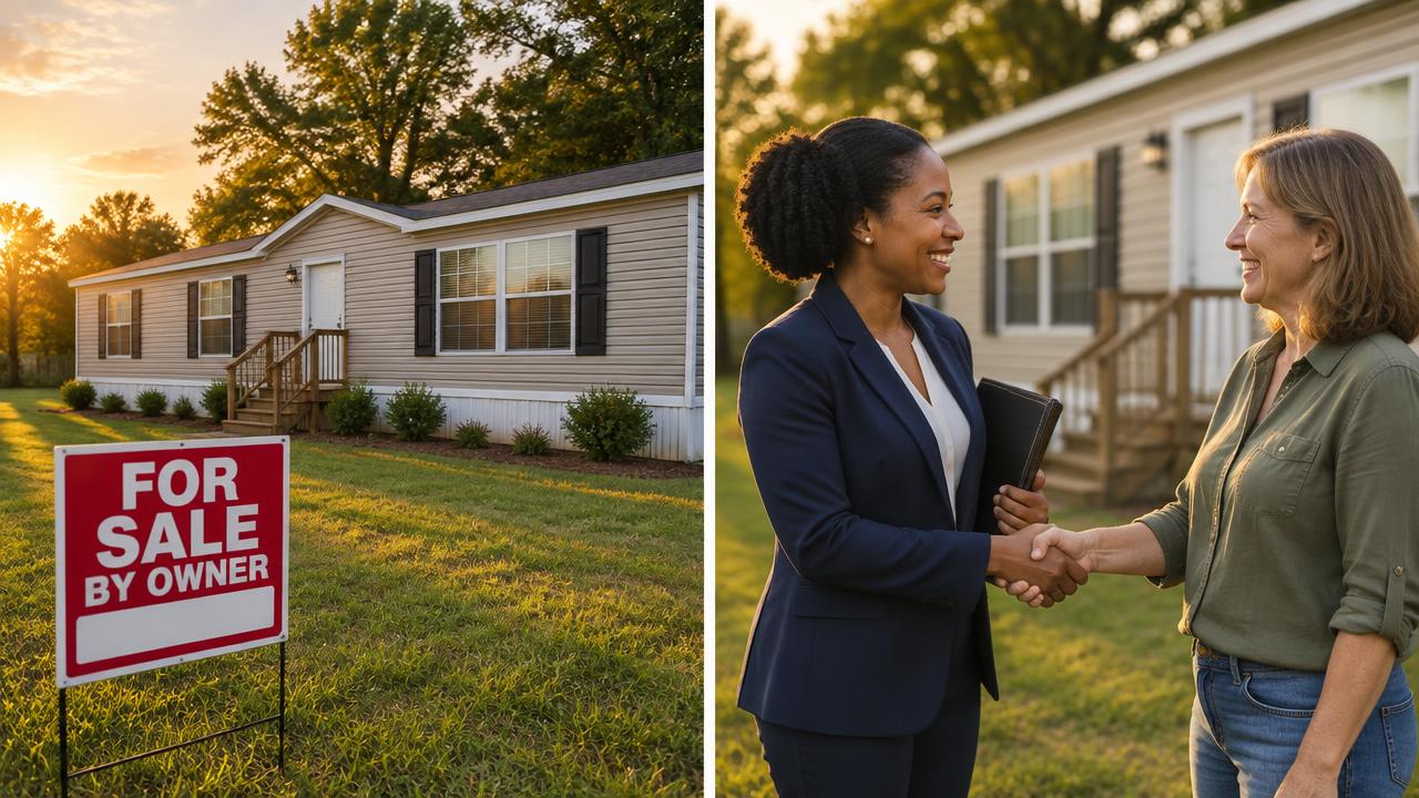A for-sale-by-owner sign in front of a single-wide manufactured home alongside a homeowner shaking hands with a buyer