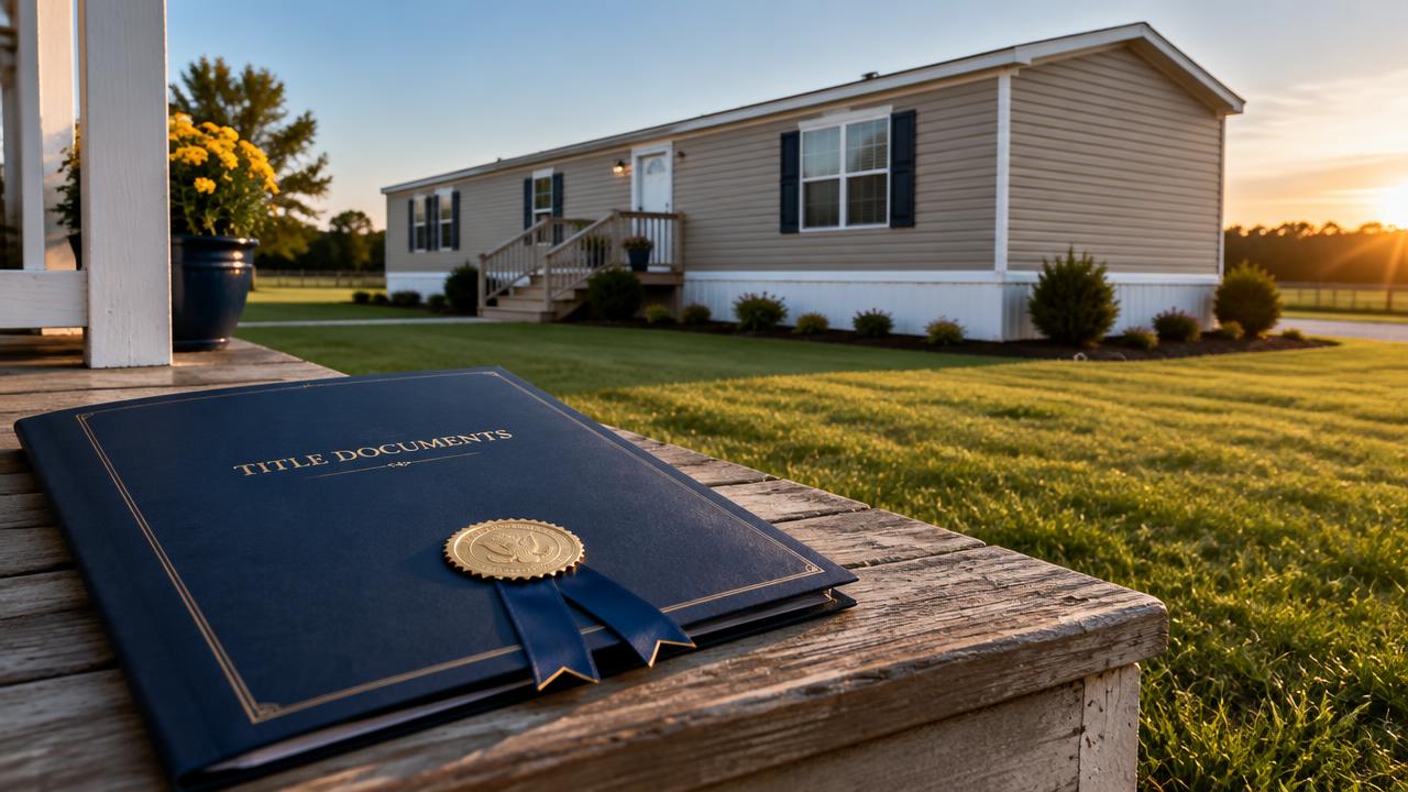 A single-wide manufactured home with a paper title document and official seal in the foreground